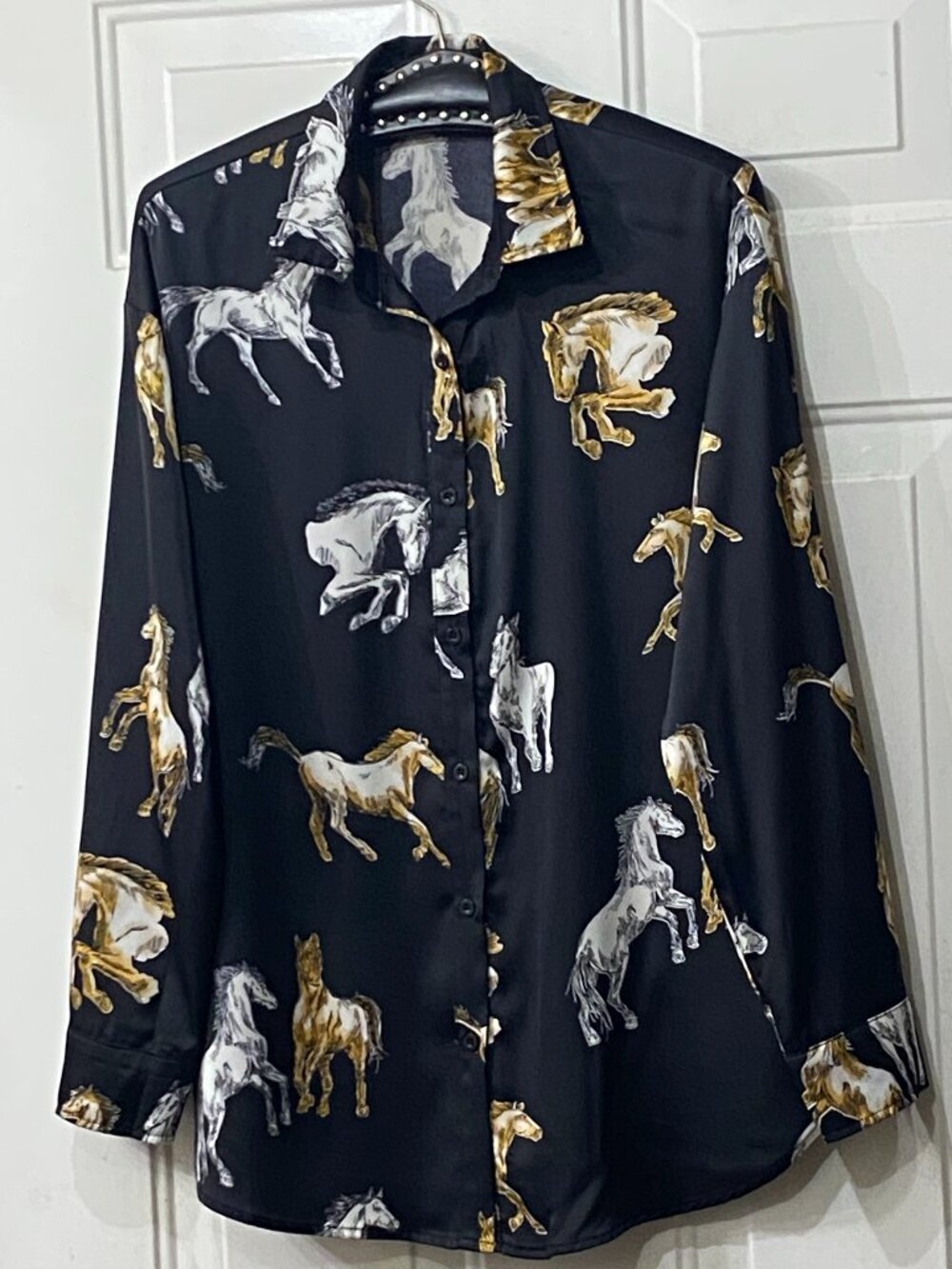 NEW Mazik Sz S Womens Blouse Button Up Shirt Long Sleeve Black/Tan/White Horses